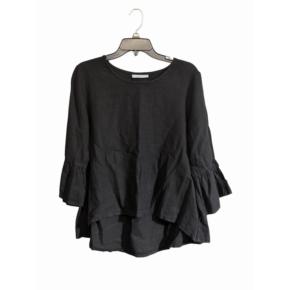 Bryn Walker XS 100% Linen Top Boxy Bell Sleeve Black High Low Pull Over